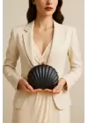 Rosalie Siyah Sedefli Deniz Kabuğu Model Zincir Askılı Dokulu Clutch Abiye Portföy Çanta