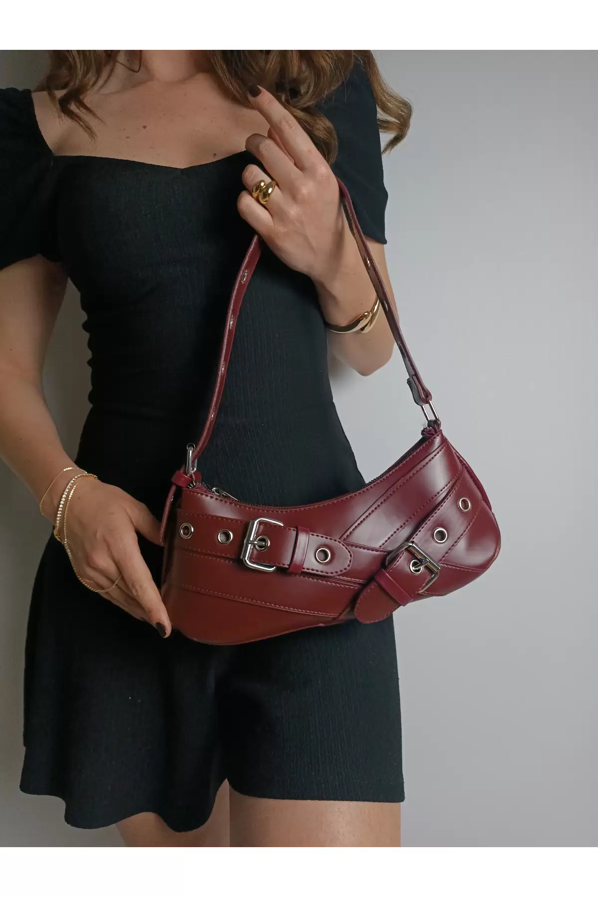 Casey Burgundy Womens Baguette Shoulder Bag with Belt Detail