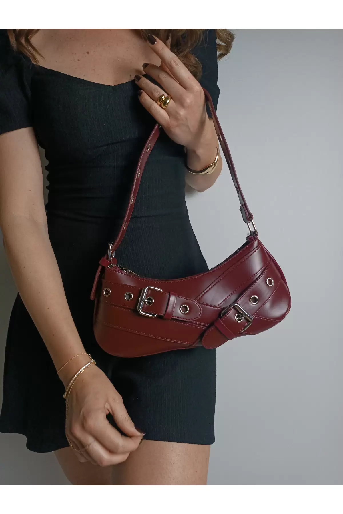 Casey Burgundy Womens Baguette Shoulder Bag with Belt Detail