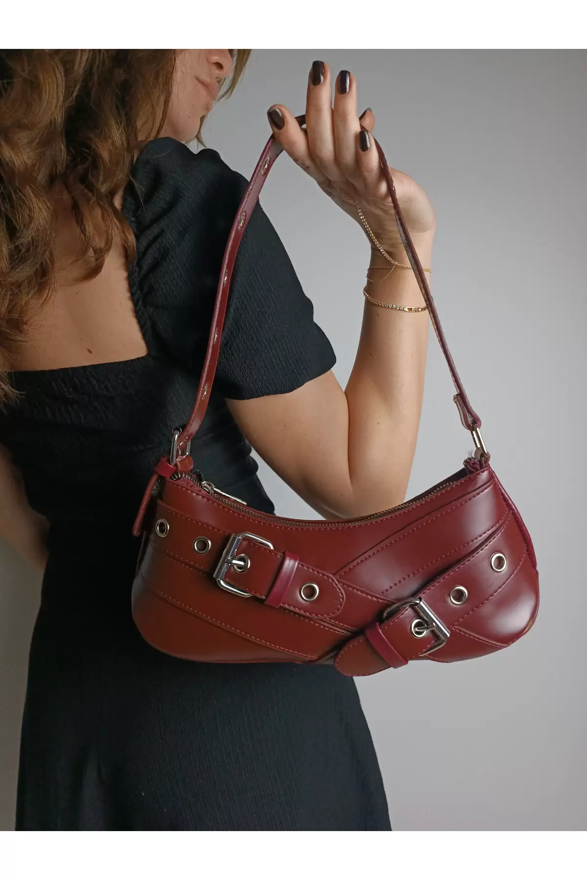 Casey Burgundy Womens Baguette Shoulder Bag with Belt Detail