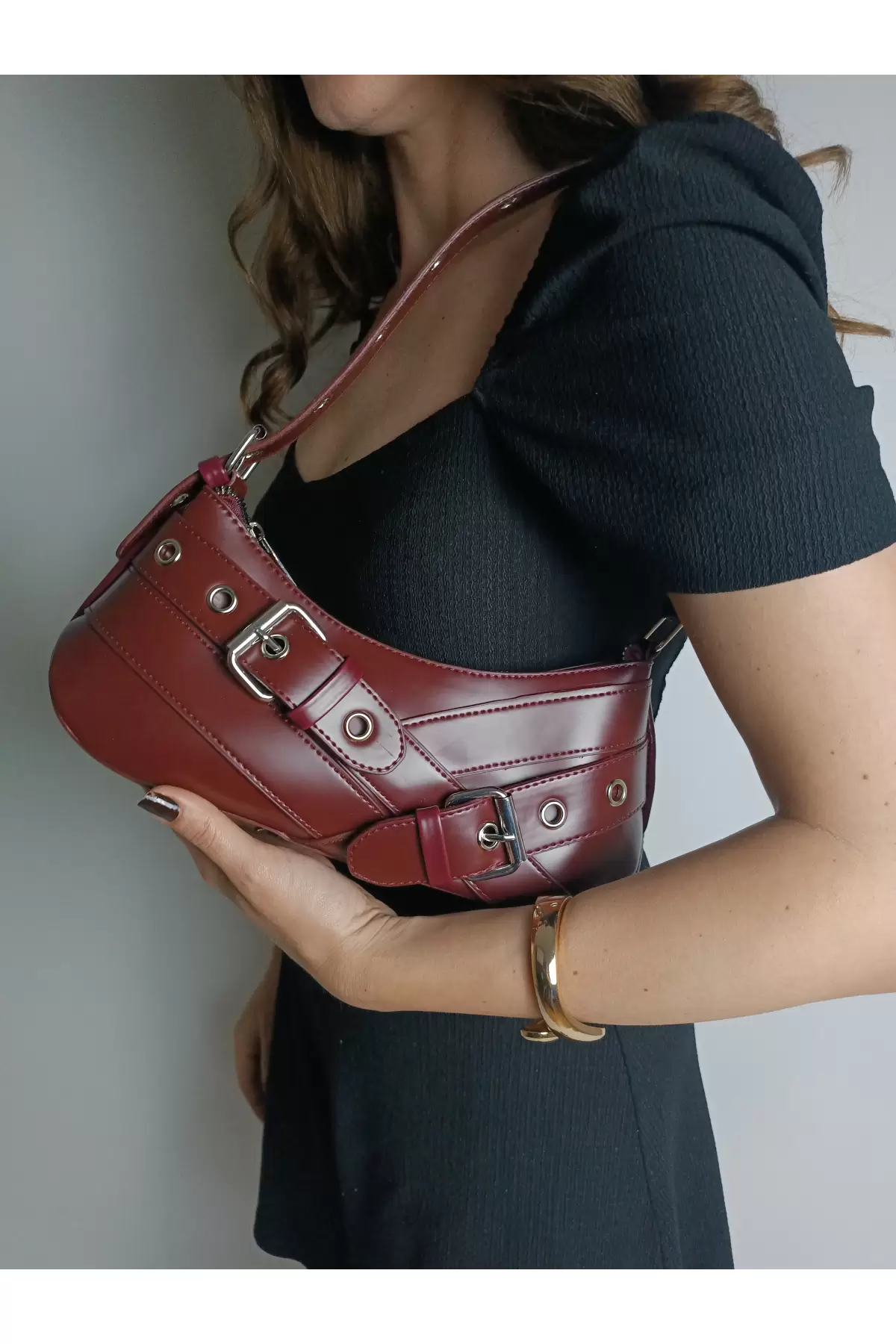 Casey Burgundy Womens Baguette Shoulder Bag with Belt Detail