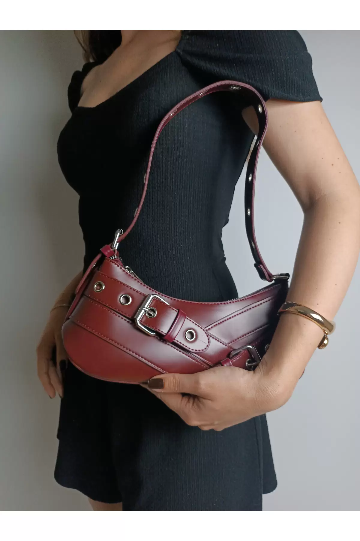 Casey Burgundy Womens Baguette Shoulder Bag with Belt Detail