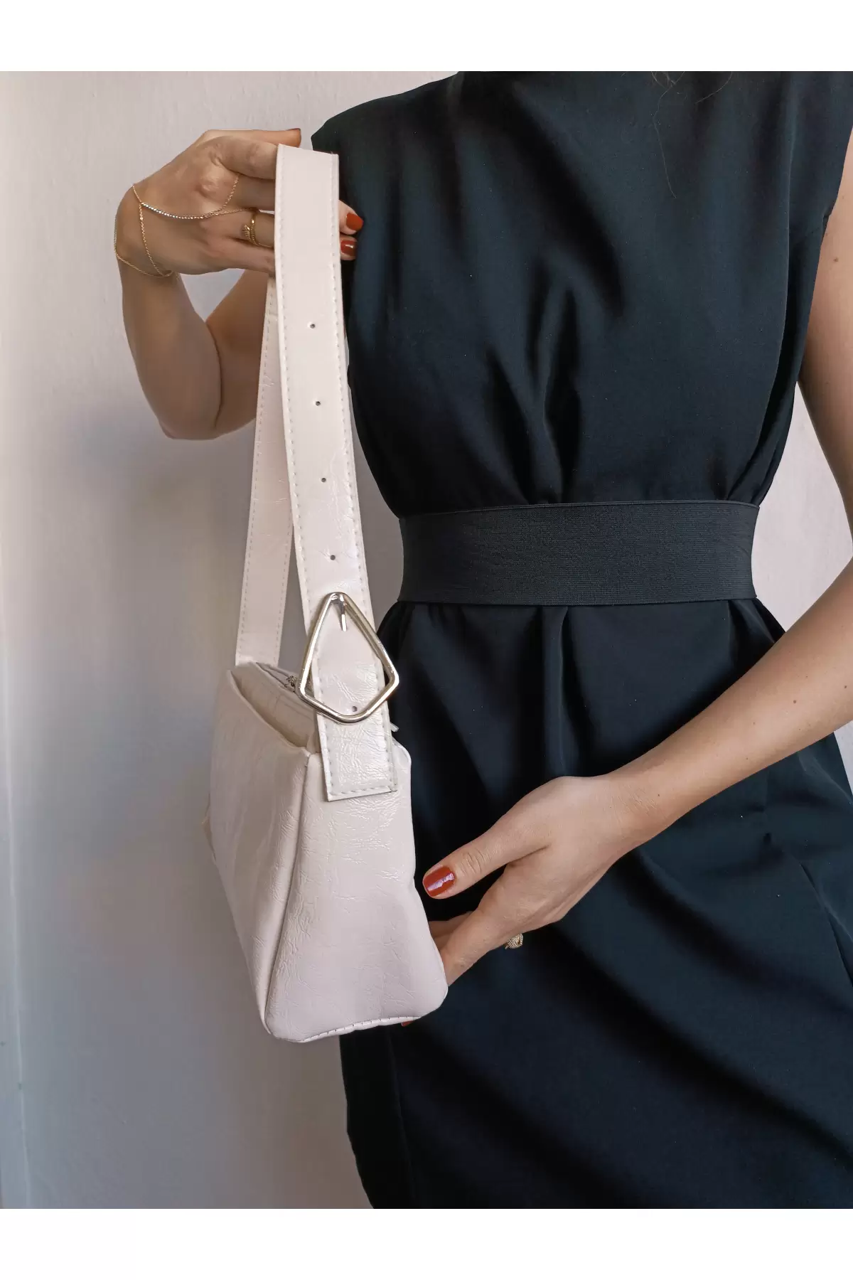 Celia Cream Womens Shoulder Bag with Side Buckle Detail