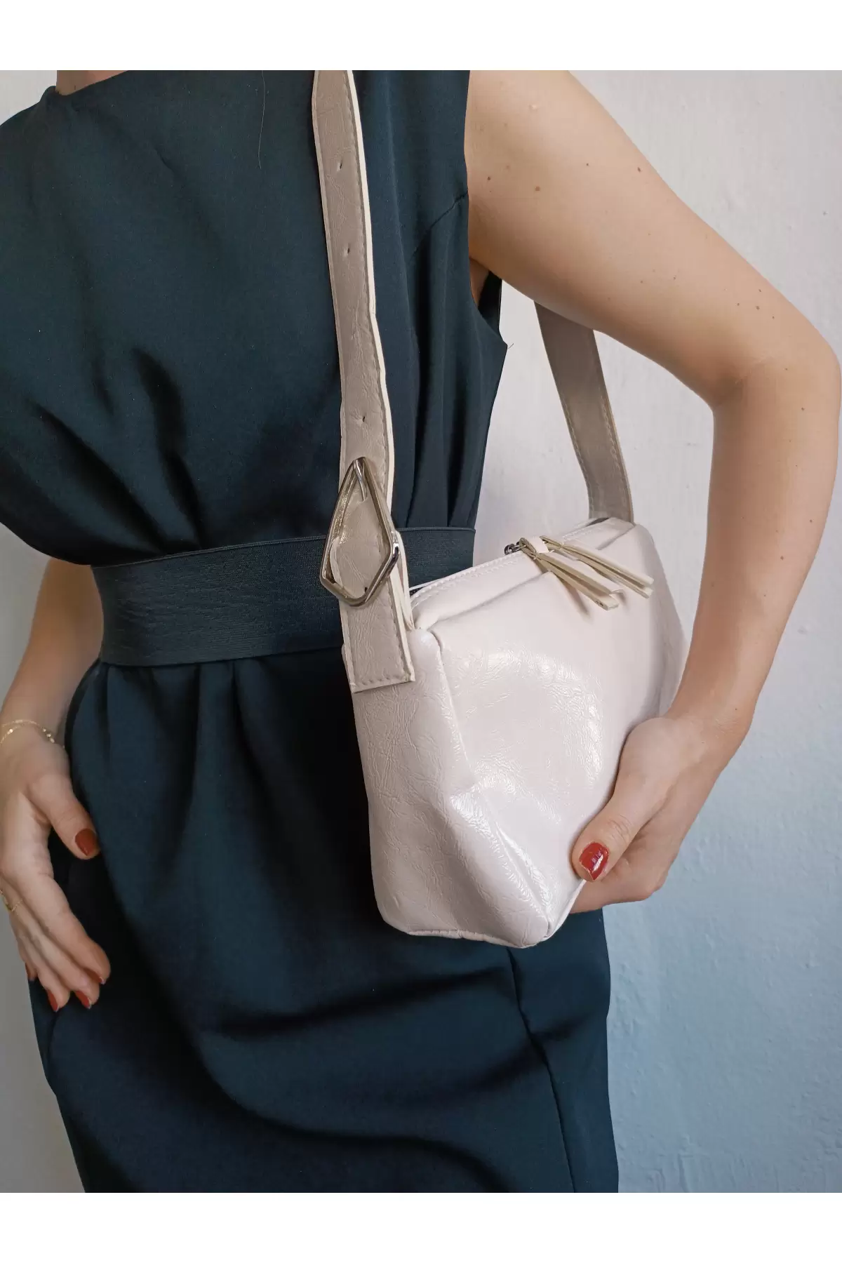 Celia Cream Womens Shoulder Bag with Side Buckle Detail