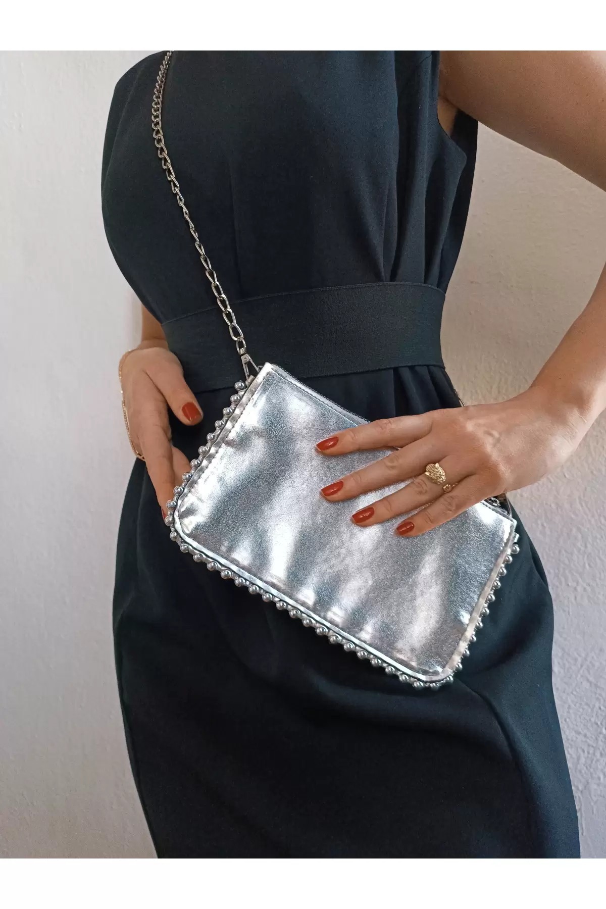 Dally Silver Color Beaded Chain Strap Womens Wallet Bag