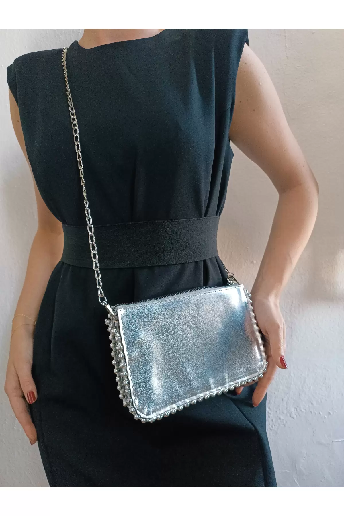 Dally Silver Color Beaded Chain Strap Womens Wallet Bag