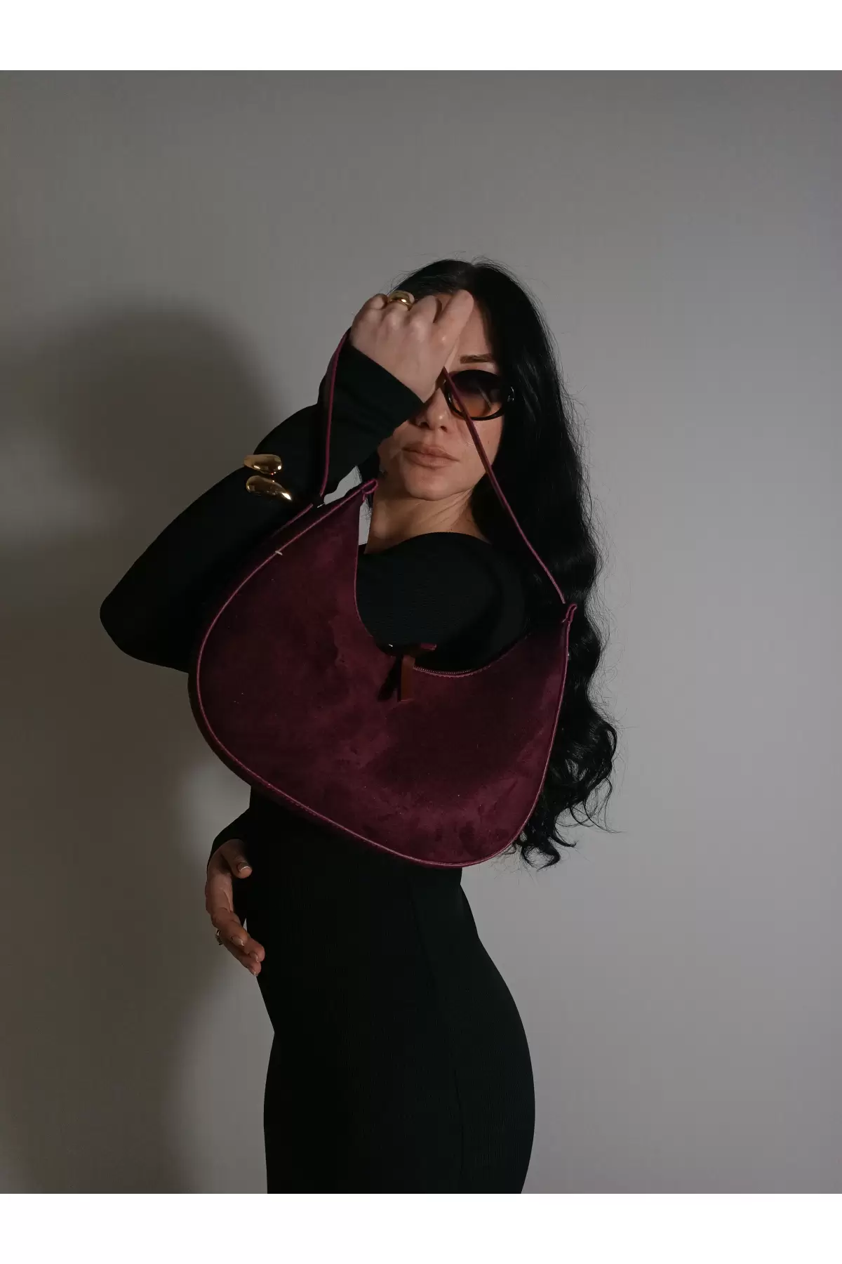 Davina Bordo Süet Kilit Askılı Baget Kadın Omuz Çantası