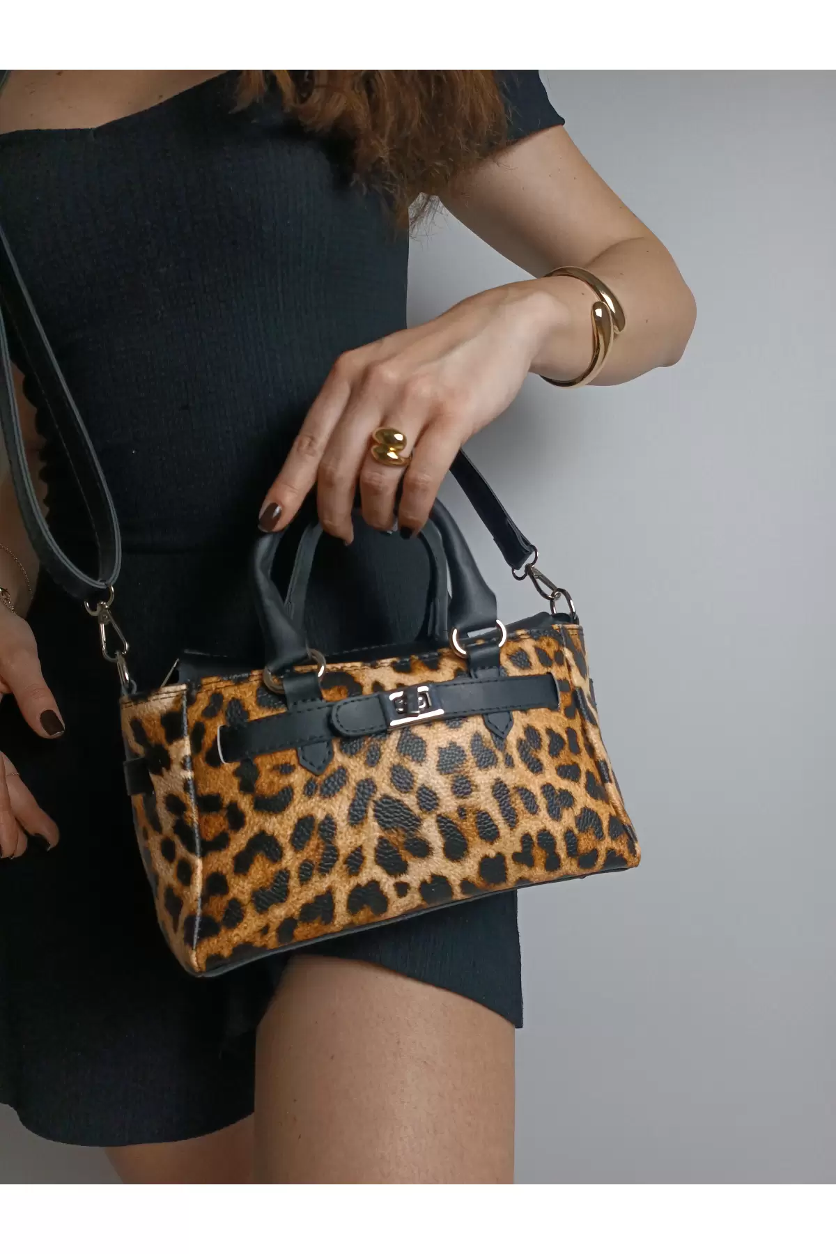 Harmony Leopard Skin Front Lock Detailed Mini Womens Handbag and Shoulder Bag