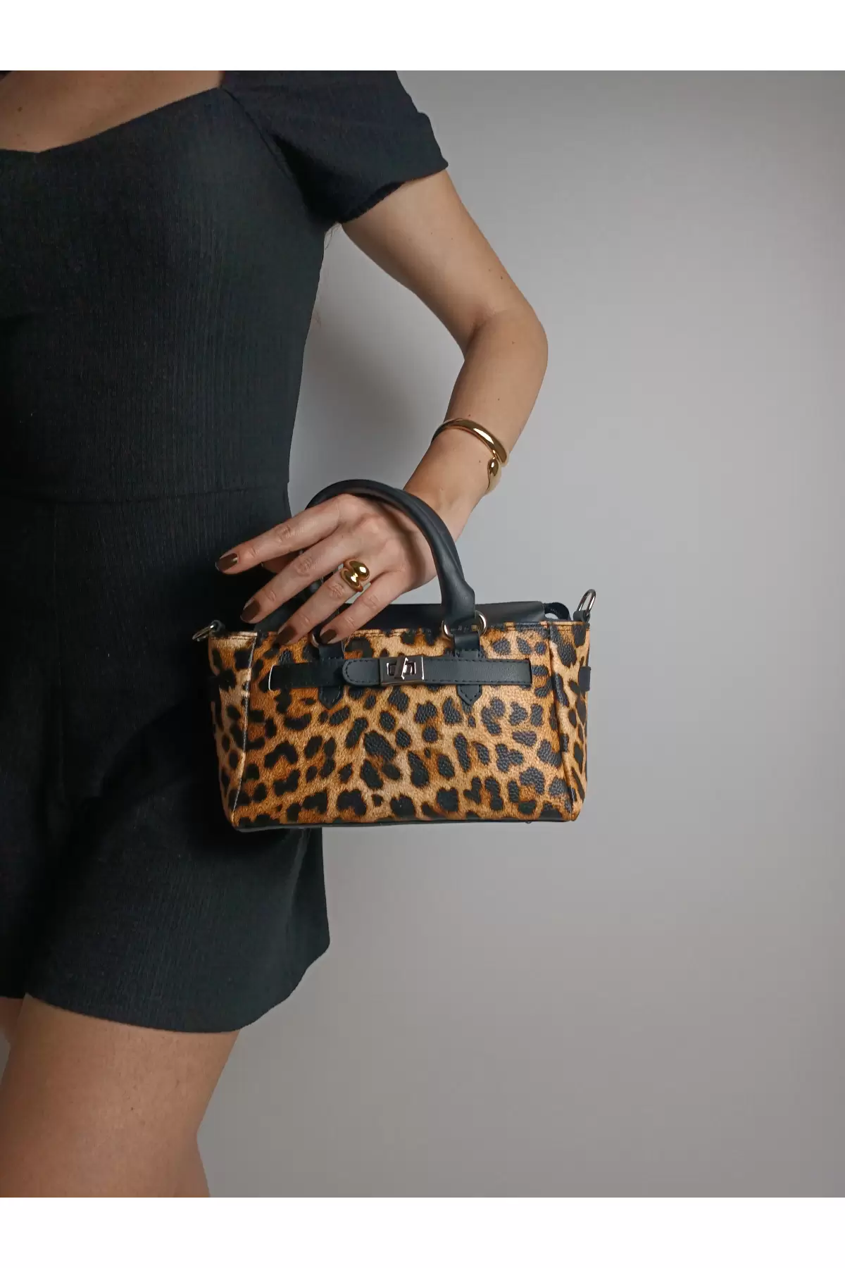 Harmony Leopard Skin Front Lock Detailed Mini Womens Handbag and Shoulder Bag