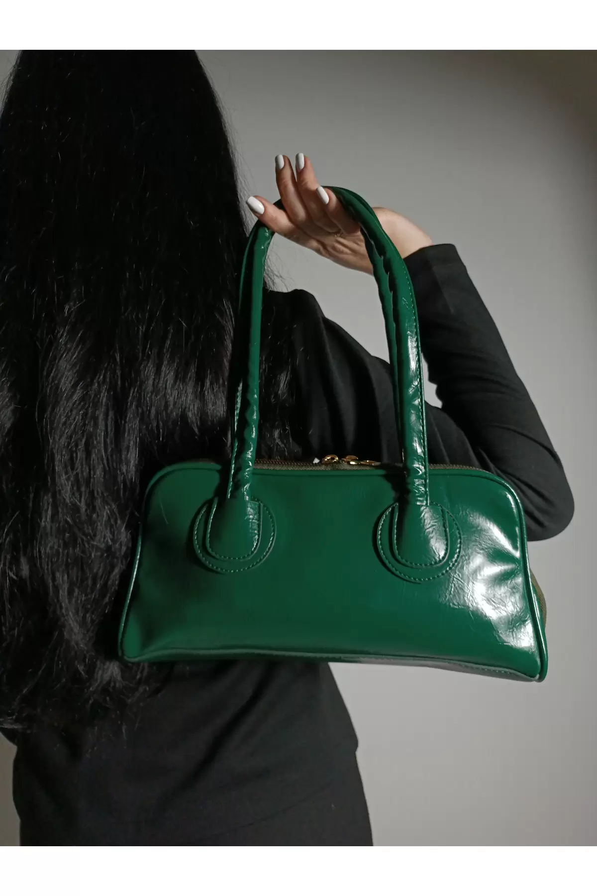 Henna Yeşil Cilt Fermuar Kapama Pinterest Model Kadın Omuz Çantası
