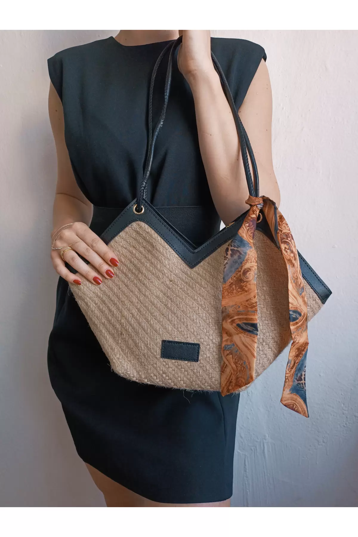 Joyce Black Detailed Straw Scarf Asymmetrical Womens Shoulder Bag