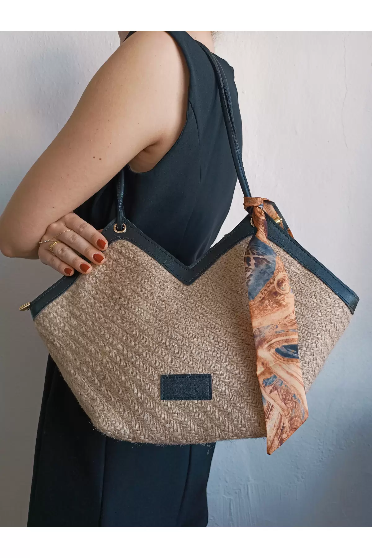 Joyce Black Detailed Straw Scarf Asymmetrical Womens Shoulder Bag
