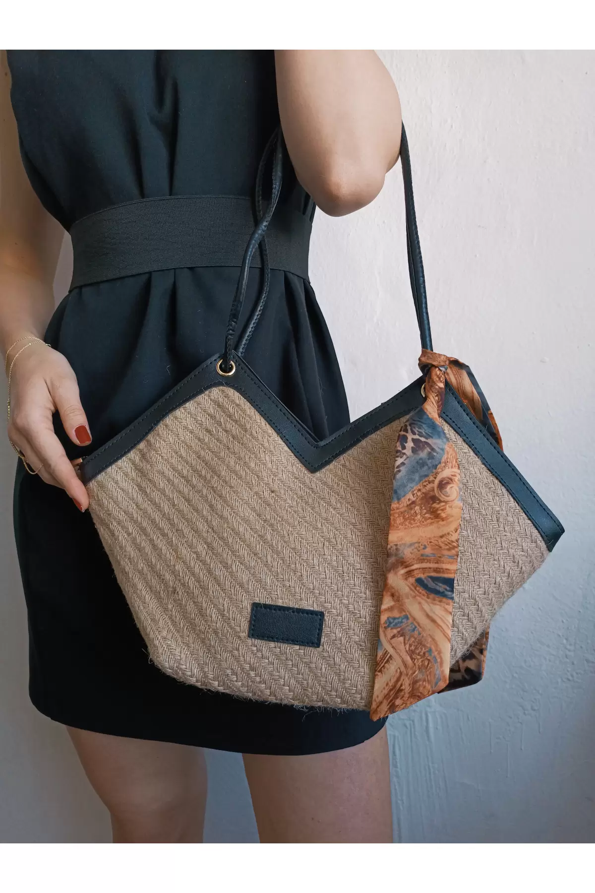 Joyce Black Detailed Straw Scarf Asymmetrical Womens Shoulder Bag