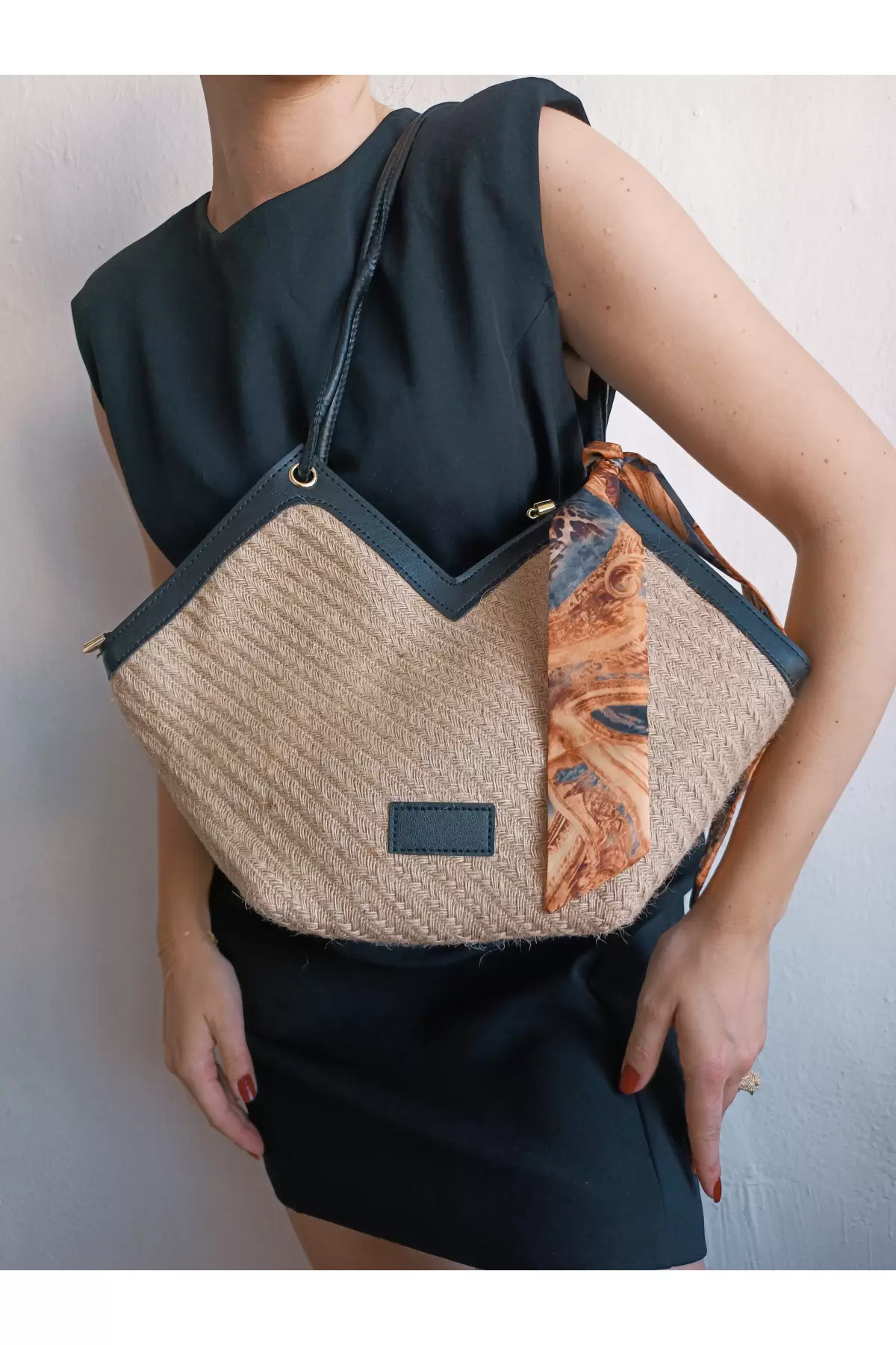 Joyce Black Detailed Straw Scarf Asymmetrical Womens Shoulder Bag