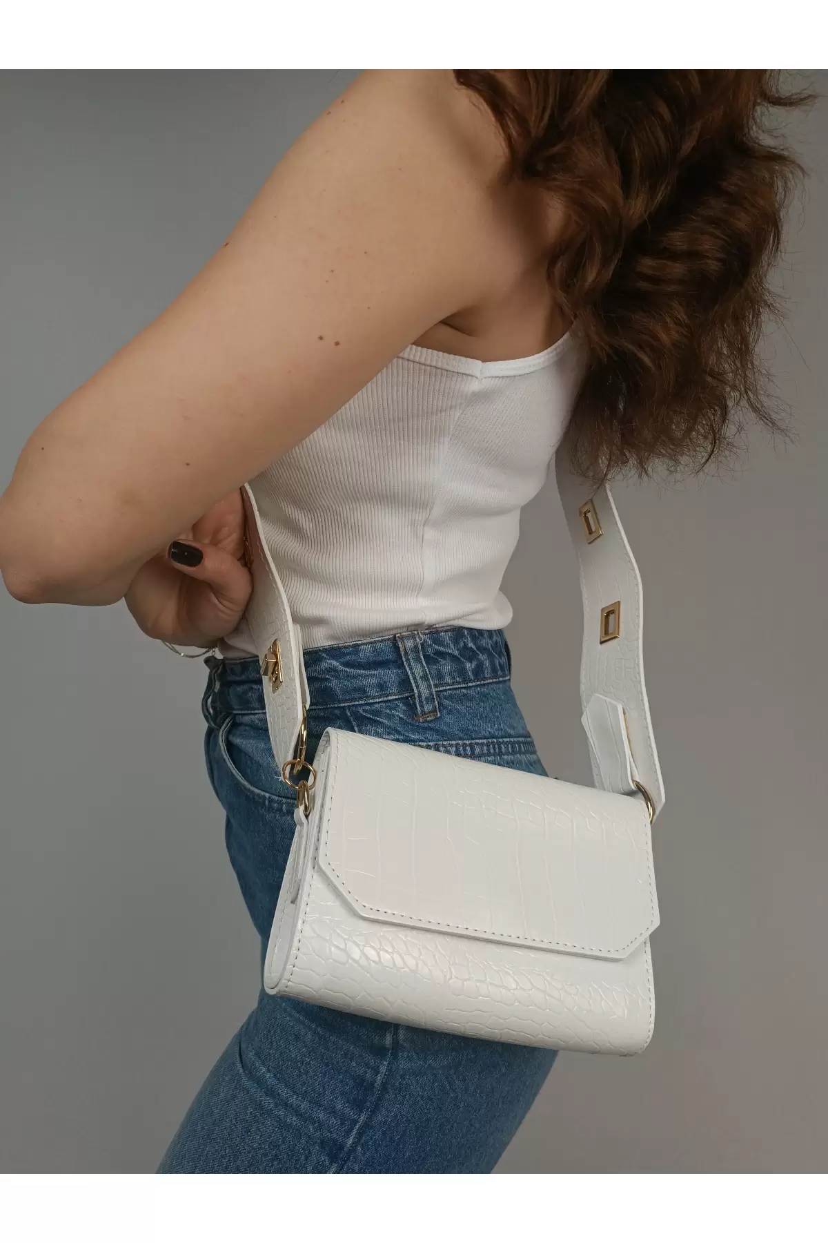 Ketty White Croco Box Form Womens Shoulder Bag