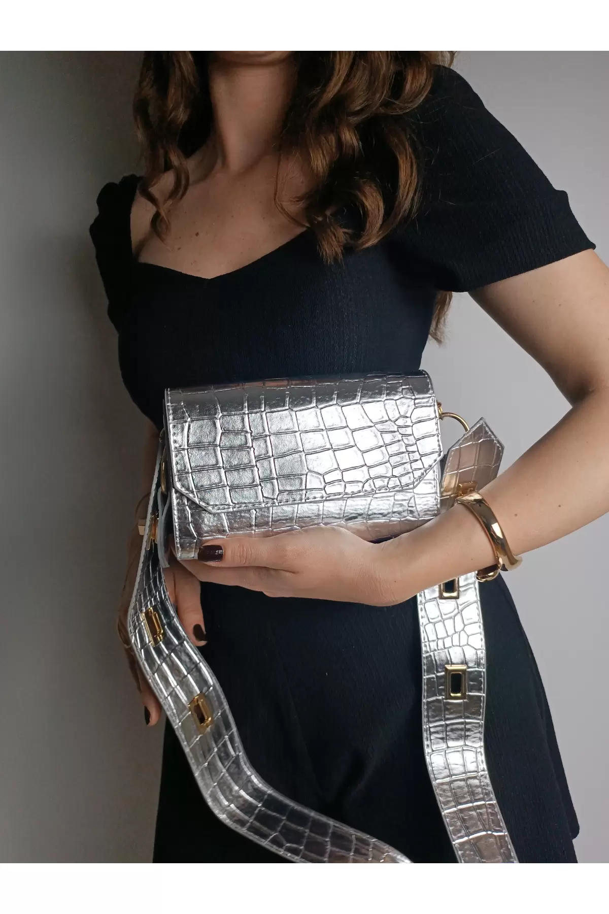 Ketty Silver Croco Box Form Womens Shoulder Bag