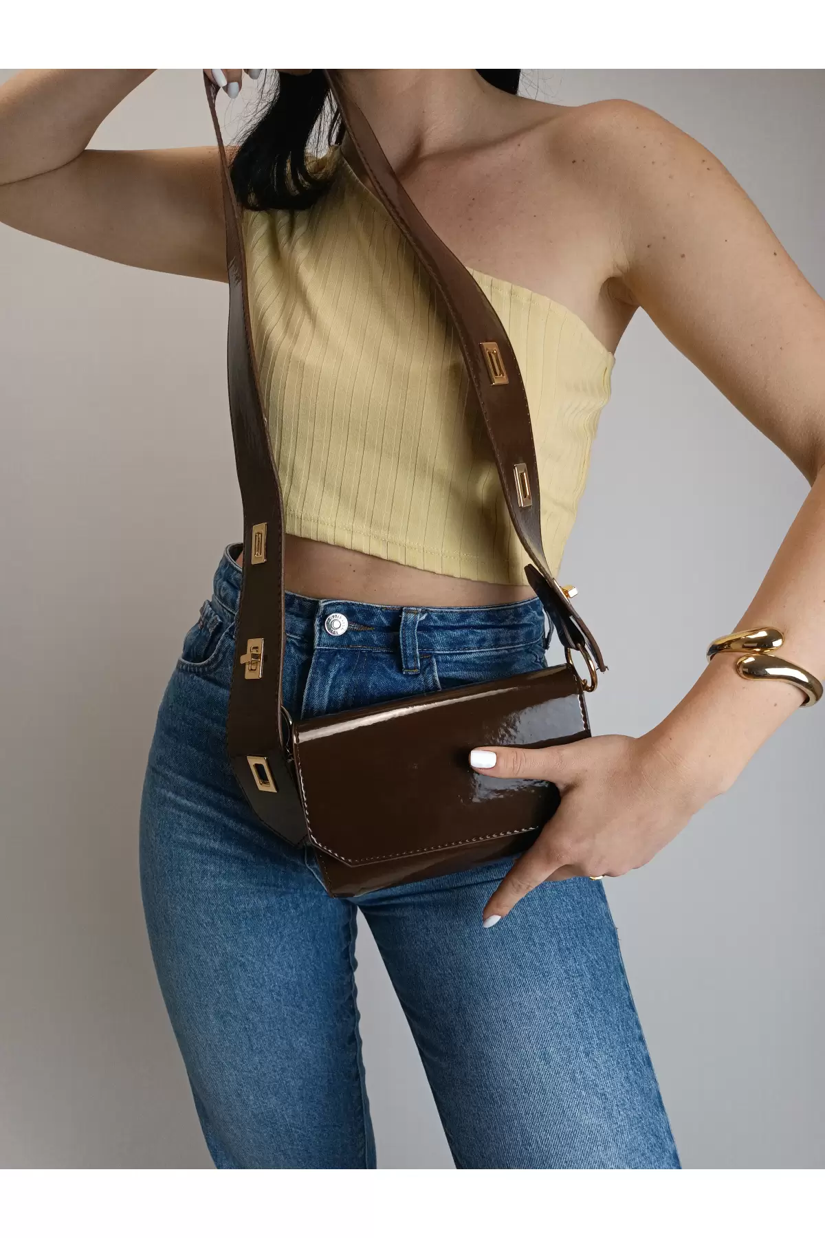 Ketty Brown Patent Leather Box Form Womens Shoulder Bag