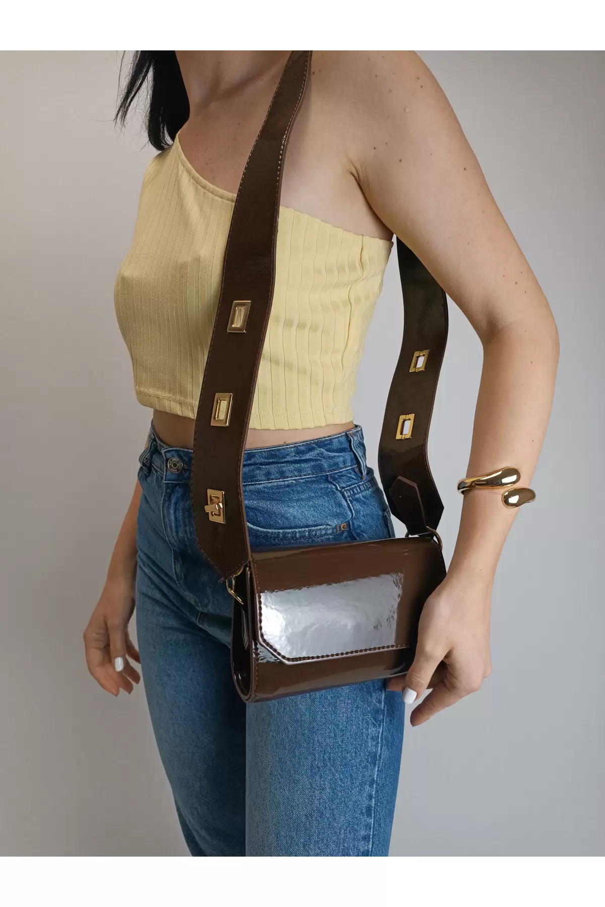 Ketty Brown Patent Leather Box Form Womens Shoulder Bag