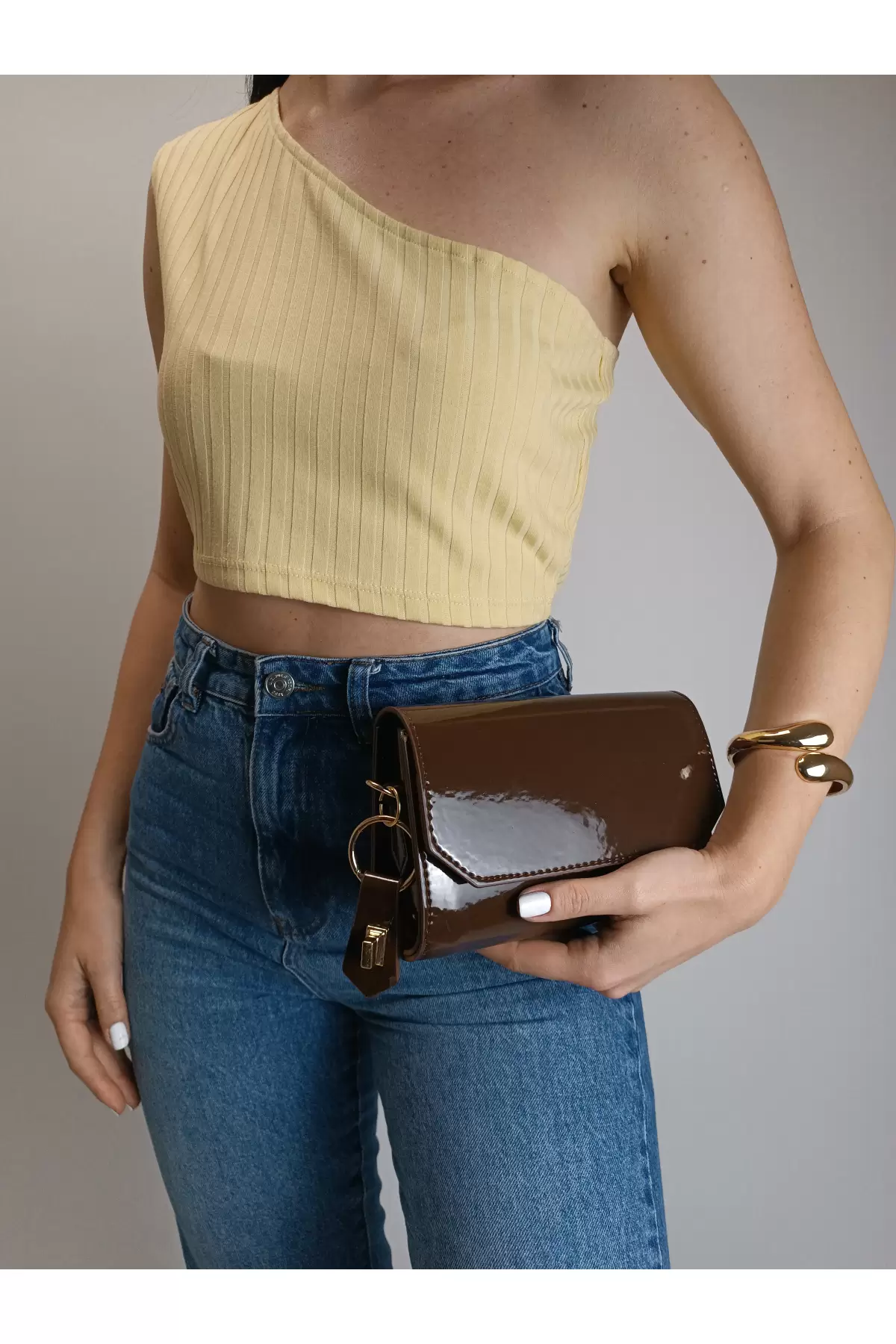 Ketty Brown Patent Leather Box Form Womens Shoulder Bag