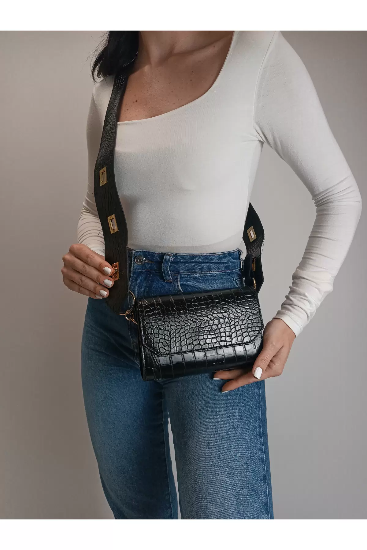 Ketty Black Croco Box Form Womens Shoulder Bag