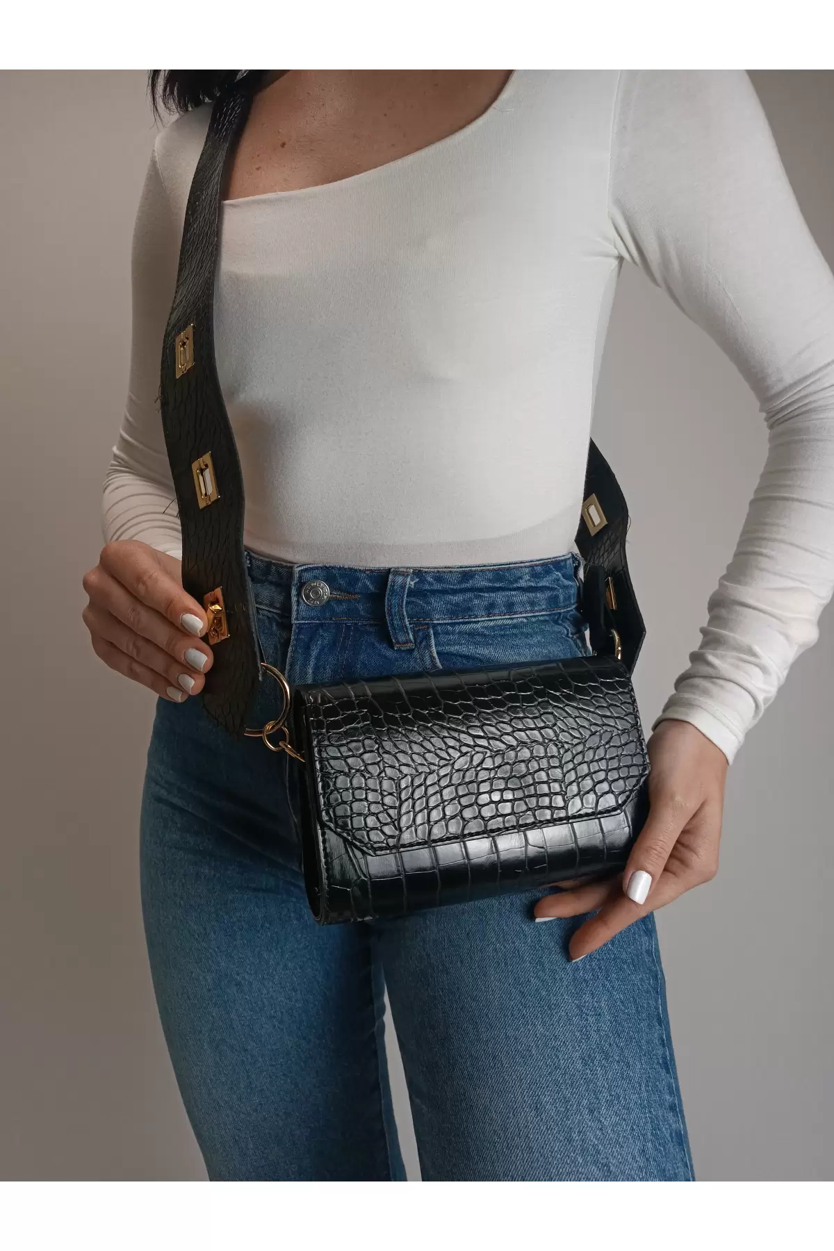 Ketty Black Croco Box Form Womens Shoulder Bag