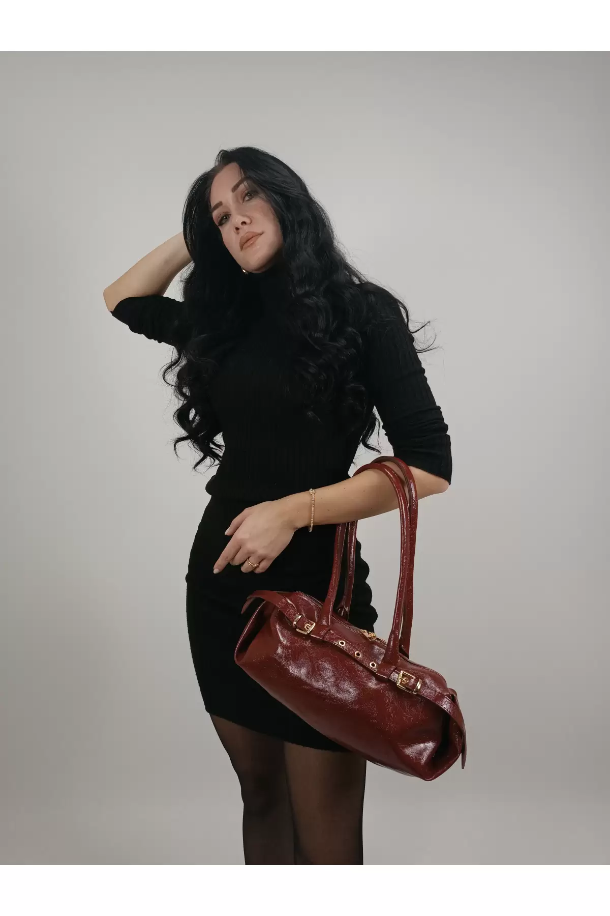 Lidya Bordo Parlak Kemer Detay Tasarım Kadın Omuz Çantası