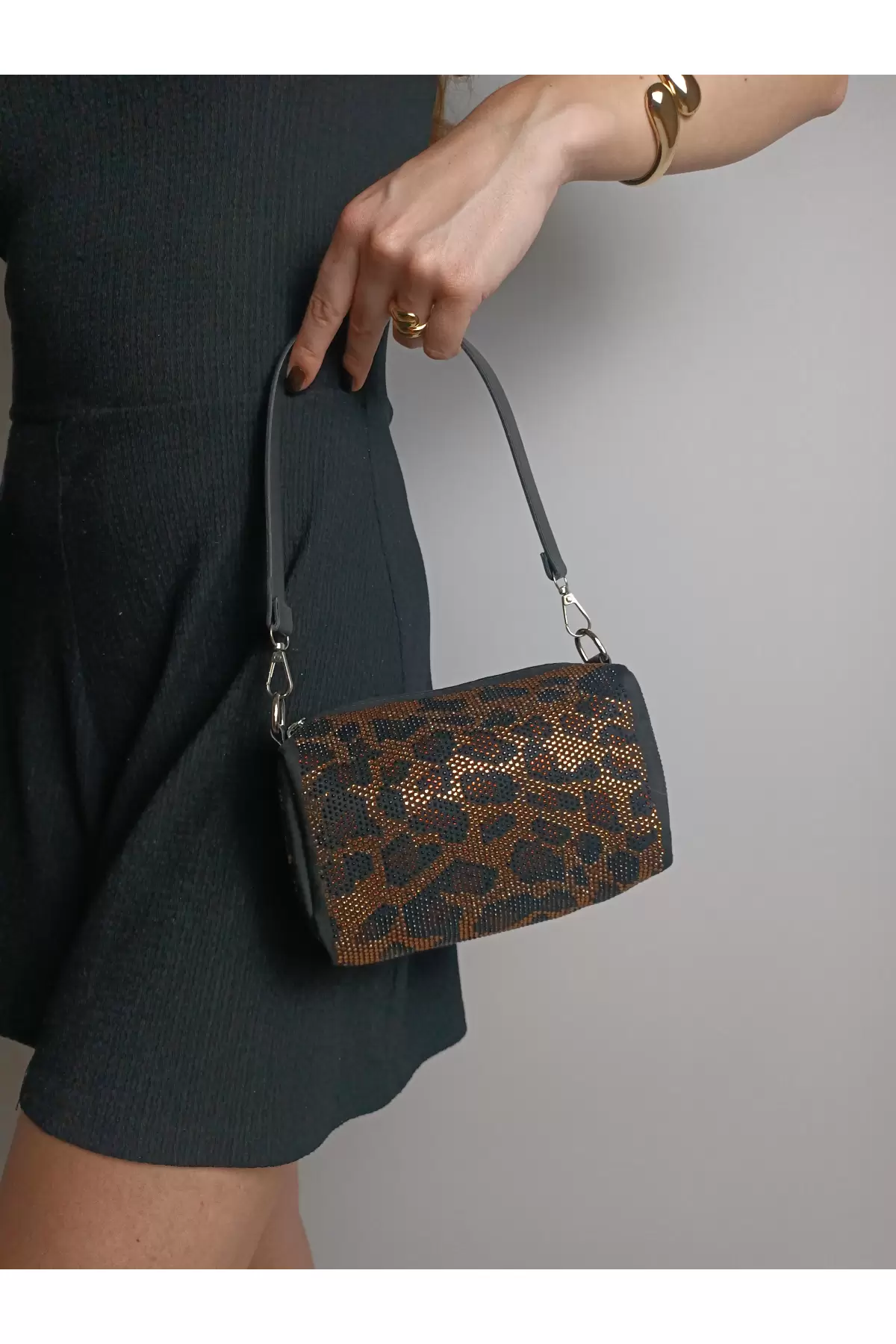 Luxury Siyah Leopar Kristal Taşlı Zincir Askılı Kadın Omuz Çantası