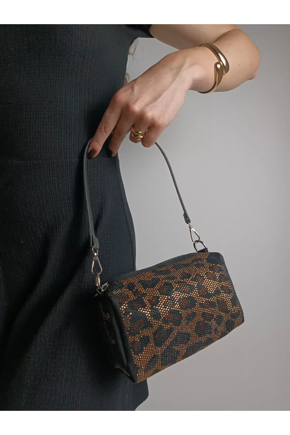 Luxury Siyah Leopar Kristal Taşlı Zincir Askılı Kadın Omuz Çantası