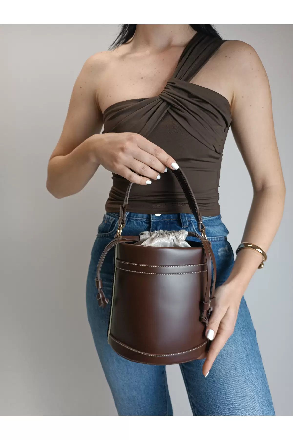 Margaret Bitter Brown Drawstring Closure Double Strap Bucket Womens Hand and Shoulder Bag