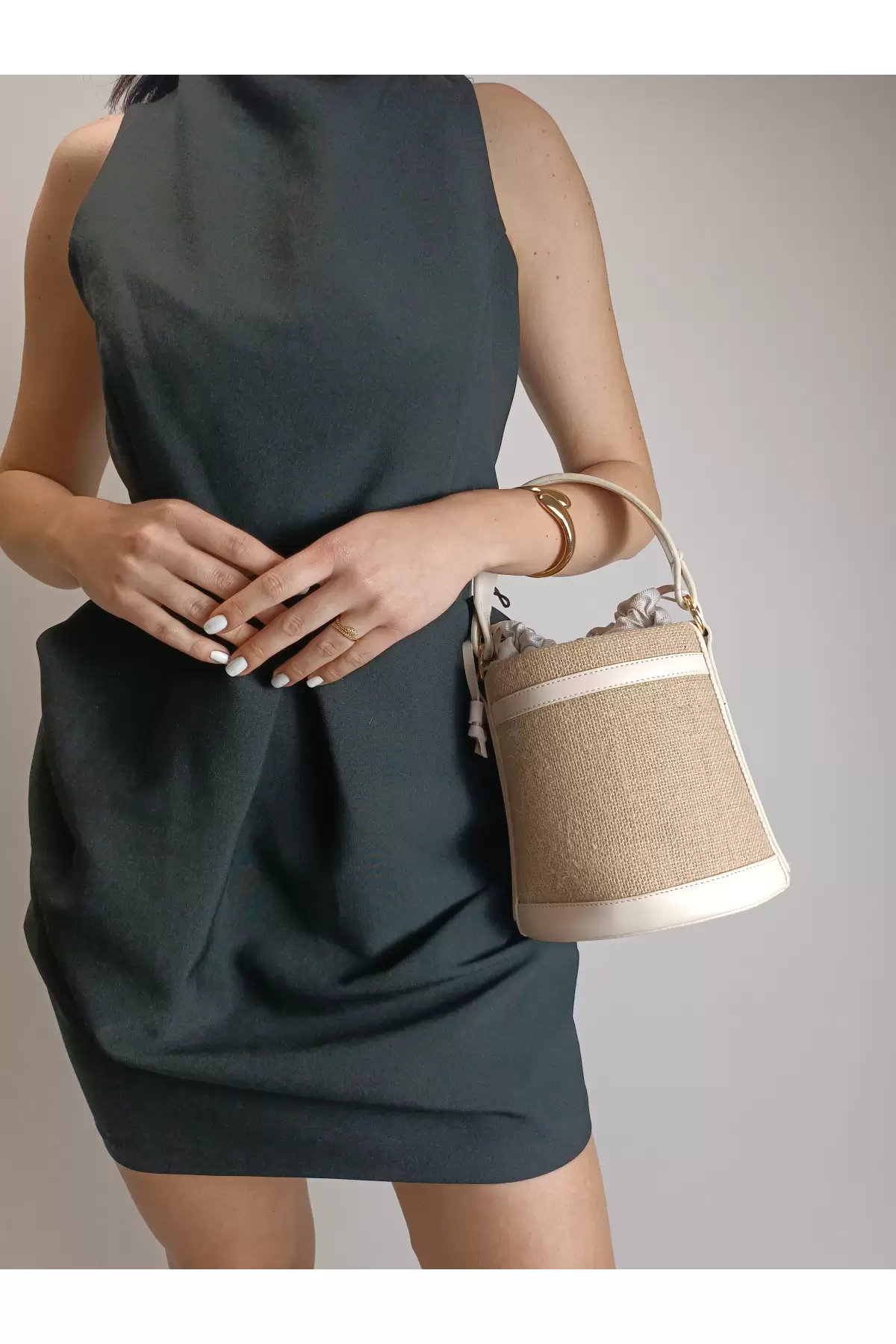 Margaret Straw Cream Detailed Drawstring Closure Double Strap Bucket Model Womens Hand and Shoulder Bag