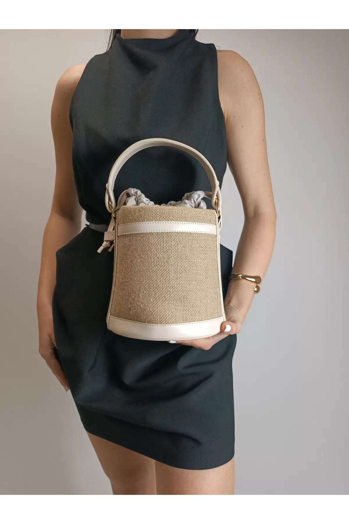 Margaret Straw Cream Detailed Drawstring Closure Double Strap Bucket Model Womens Hand and Shoulder Bag