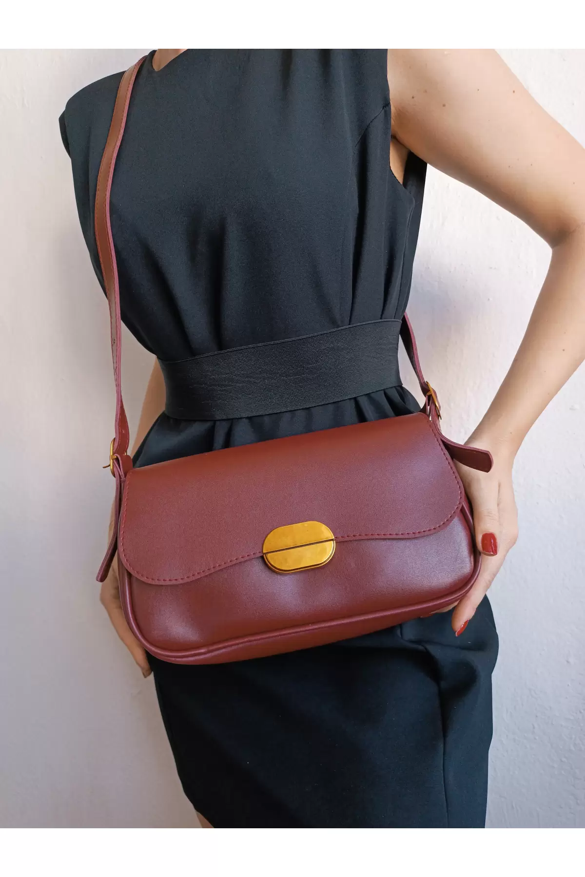 Mina Claret Red Soft Leather Design Lock Double Strap Womens Shoulder Bag