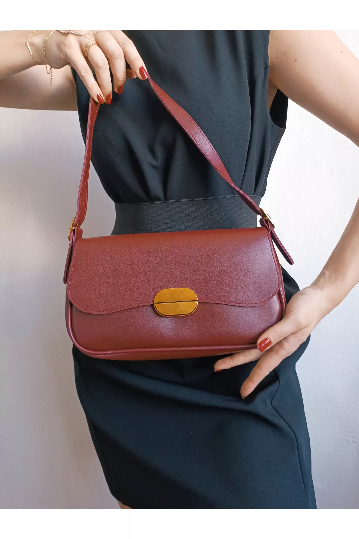 Mina Claret Red Soft Leather Design Lock Double Strap Womens Shoulder Bag