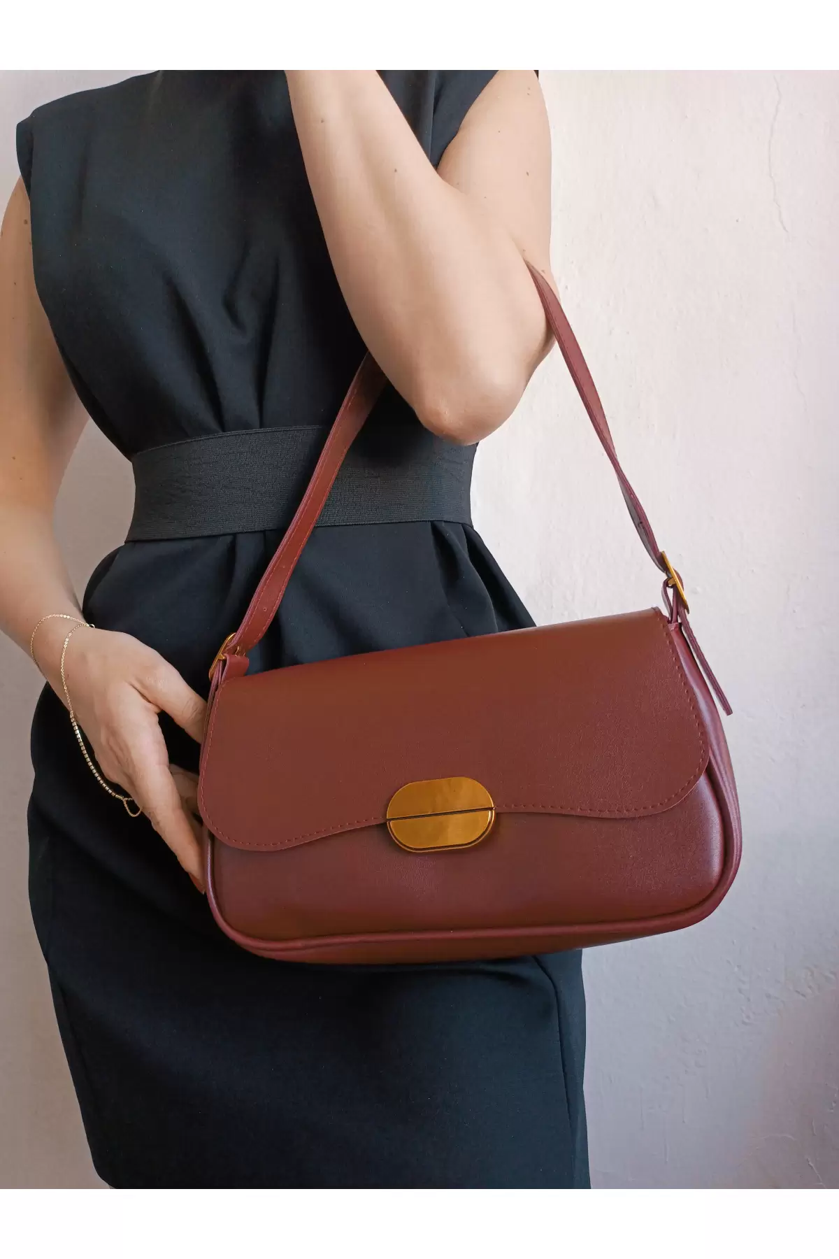 Mina Claret Red Soft Leather Design Lock Double Strap Womens Shoulder Bag