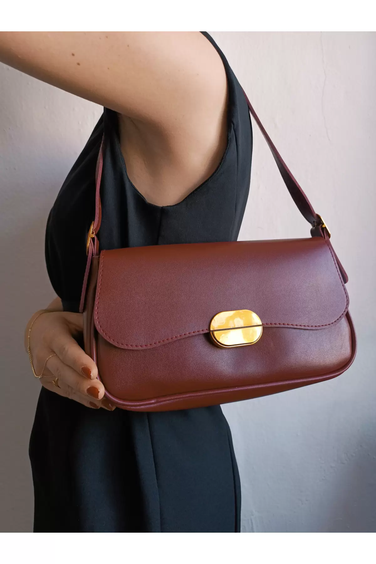 Mina Claret Red Soft Leather Design Lock Double Strap Womens Shoulder Bag