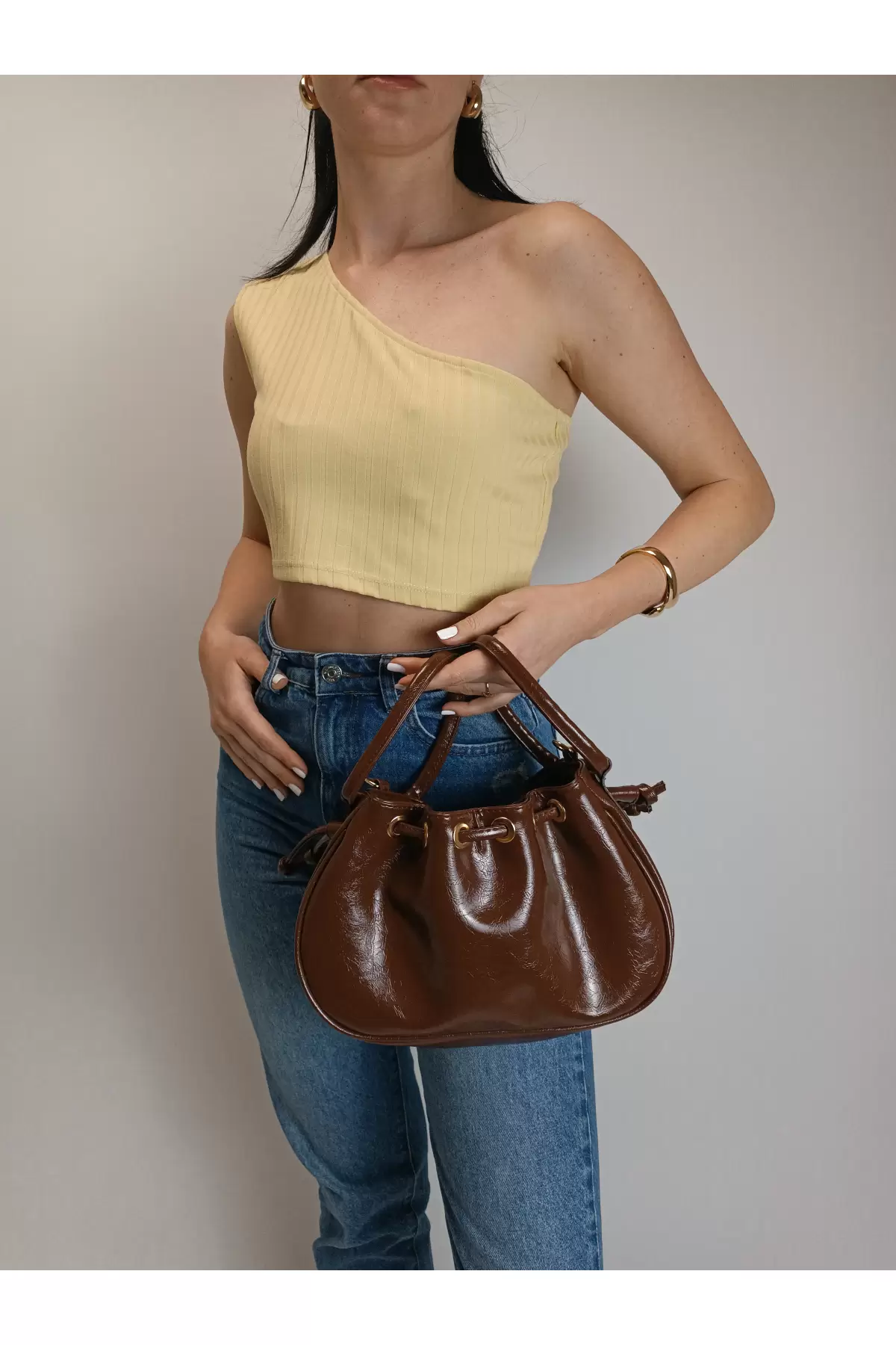 Mondale Brown Handle Drawstring Womens Shoulder Bag