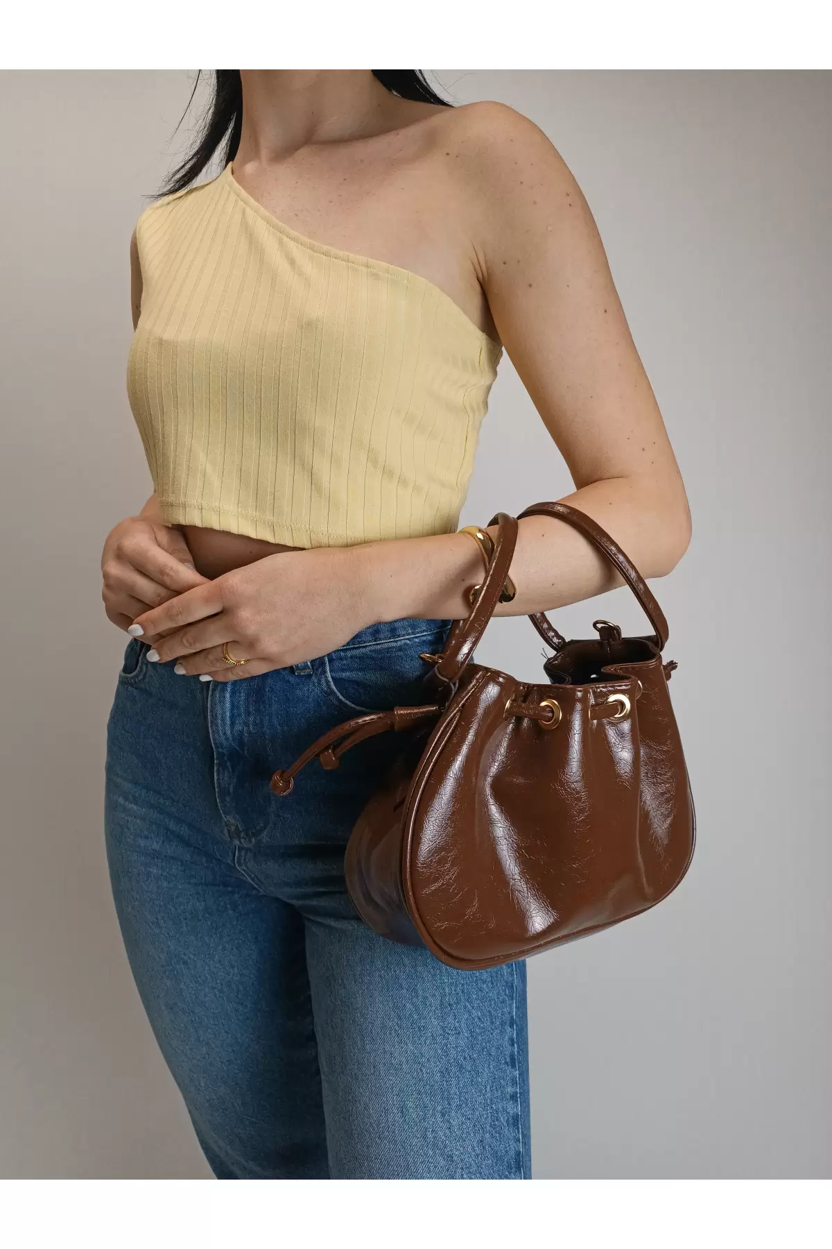 Mondale Brown Handle Drawstring Womens Shoulder Bag