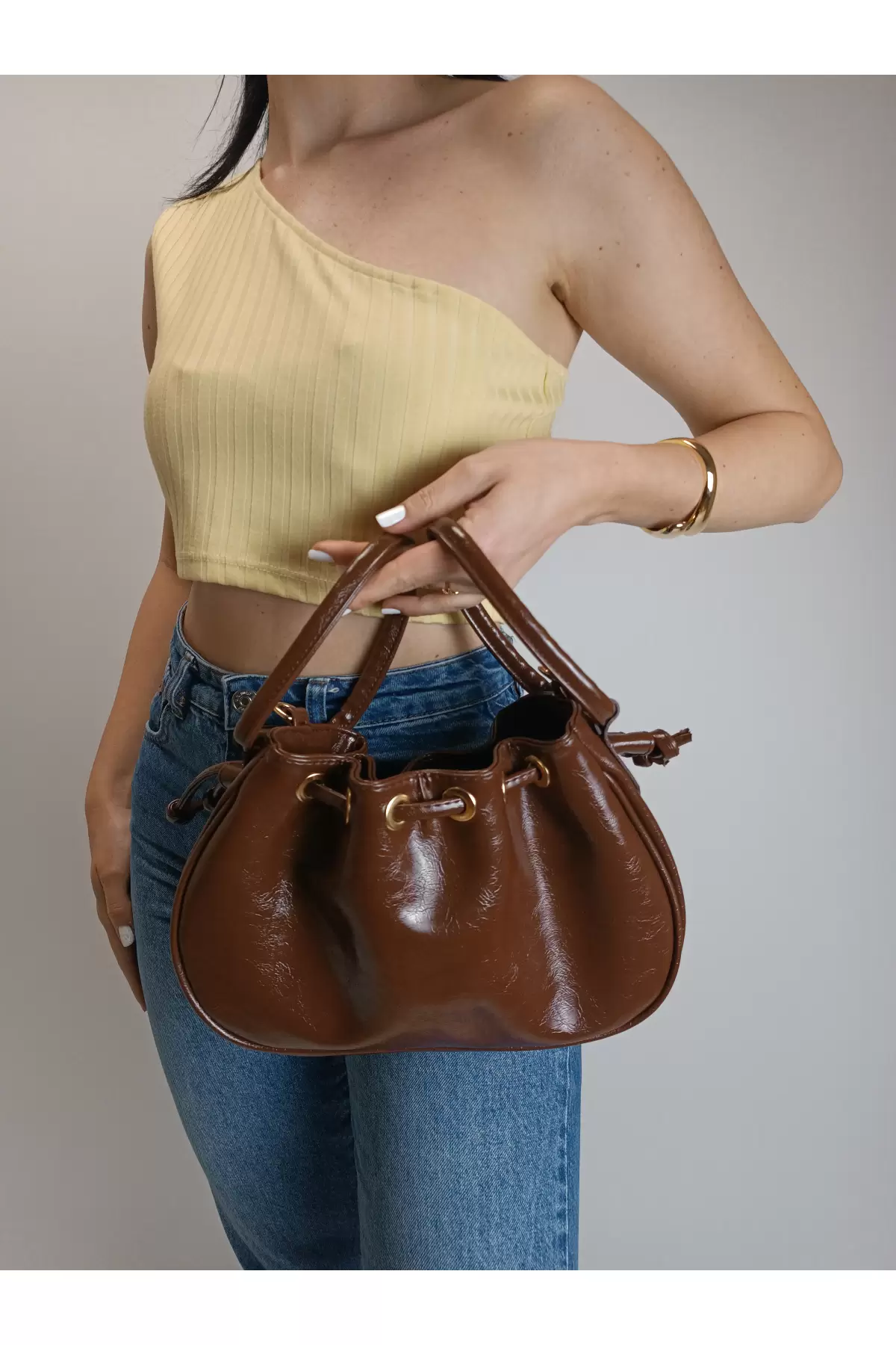 Mondale Brown Handle Drawstring Womens Shoulder Bag