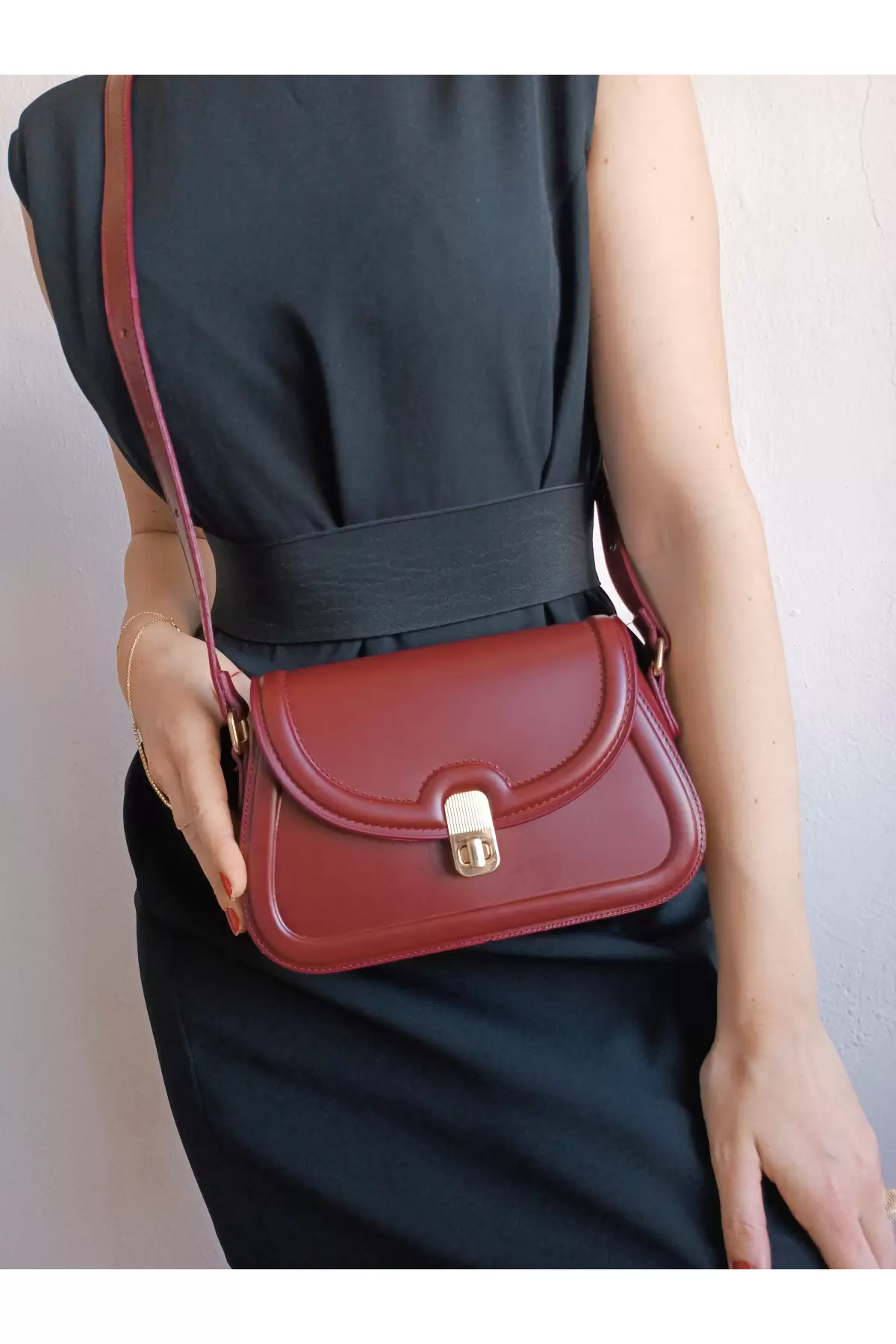 Ninda Claret Red Lockable Embossed Textured Womens Crossbody Bag