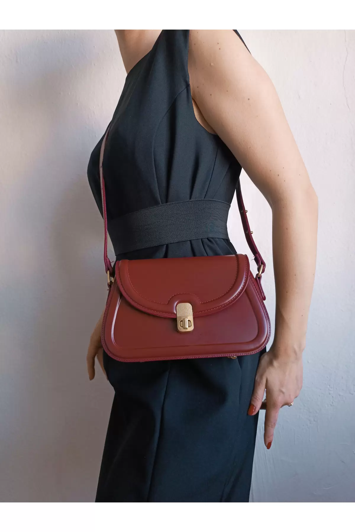 Ninda Claret Red Lockable Embossed Textured Womens Crossbody Bag