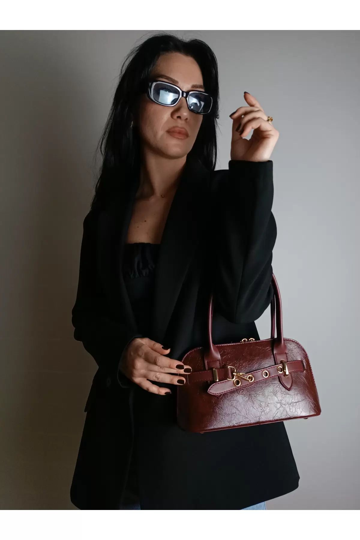 Princess Bordo Kırışık Cilt Baget Kadın Omuz Çantası