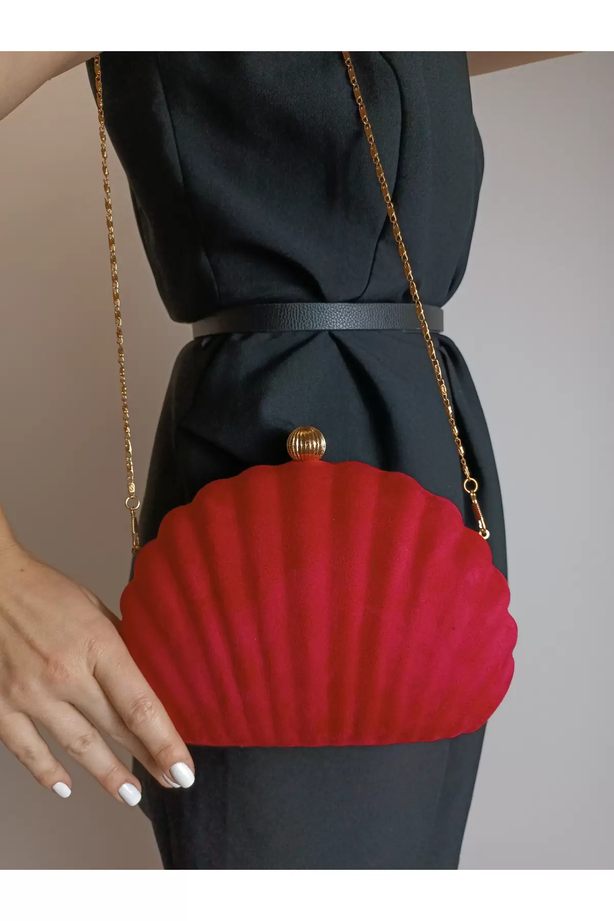 Rosalie Kırmızı Nubuk Deniz Kabuğu Model Zincir Askılı Dokulu Clutch Abiye Portföy Çanta