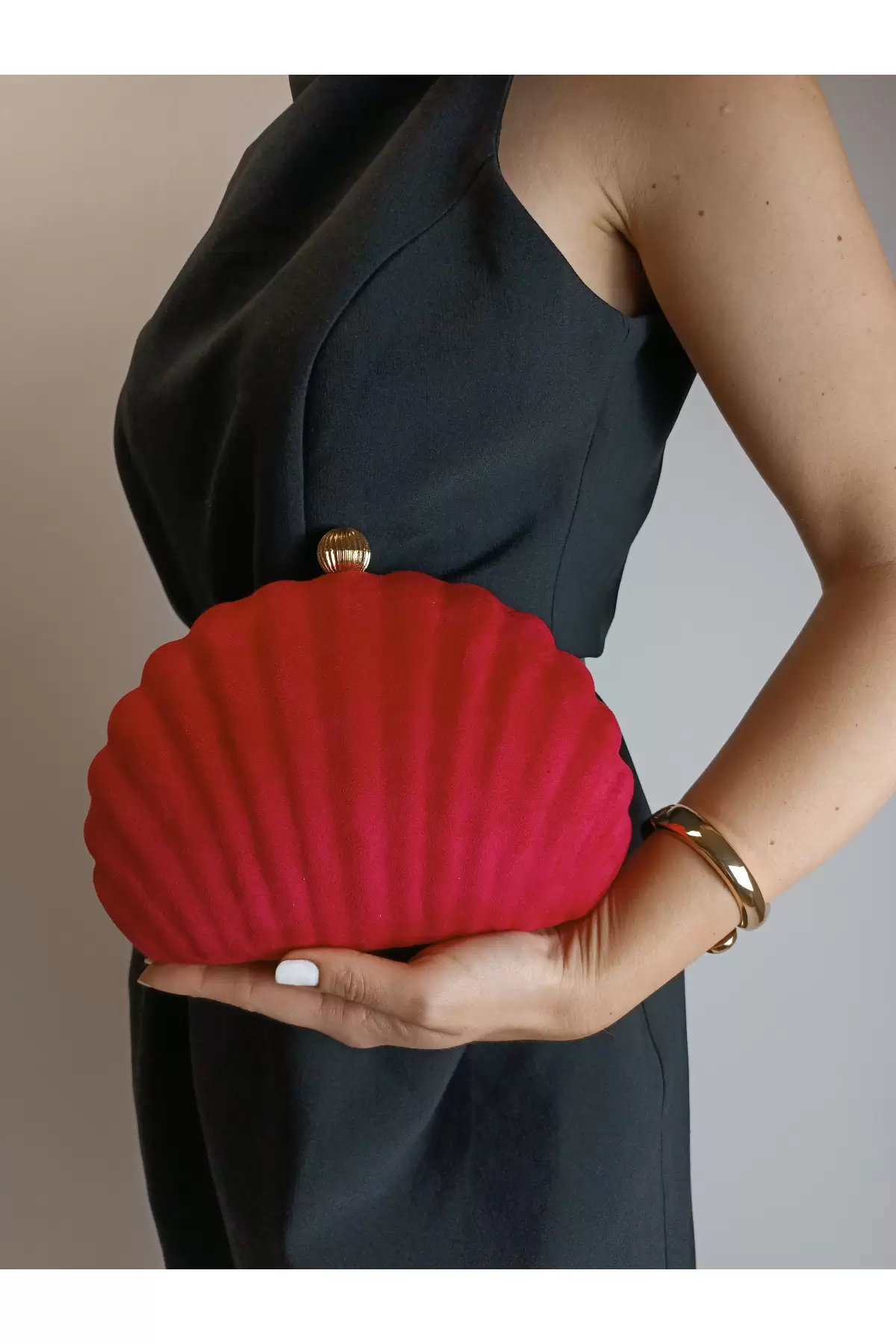 Rosalie Kırmızı Nubuk Deniz Kabuğu Model Zincir Askılı Dokulu Clutch Abiye Portföy Çanta