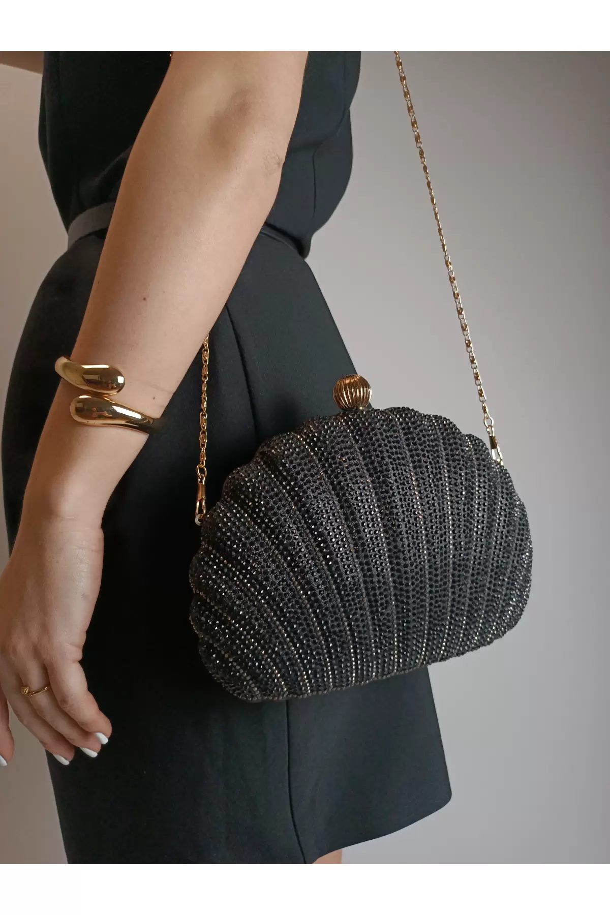 Rosalie Black Stoned Shell Model Chain Strap Textured Clutch Evening Dress Portfolio Bag