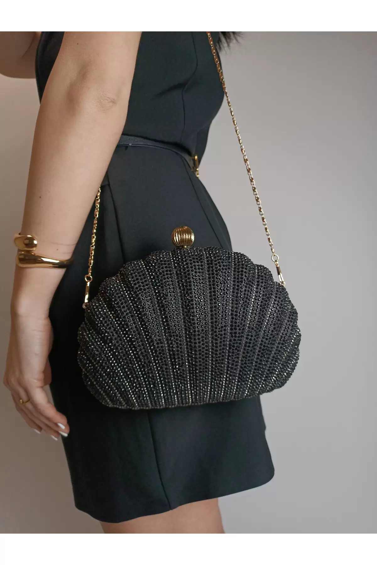 Rosalie Black Stoned Shell Model Chain Strap Textured Clutch Evening Dress Portfolio Bag