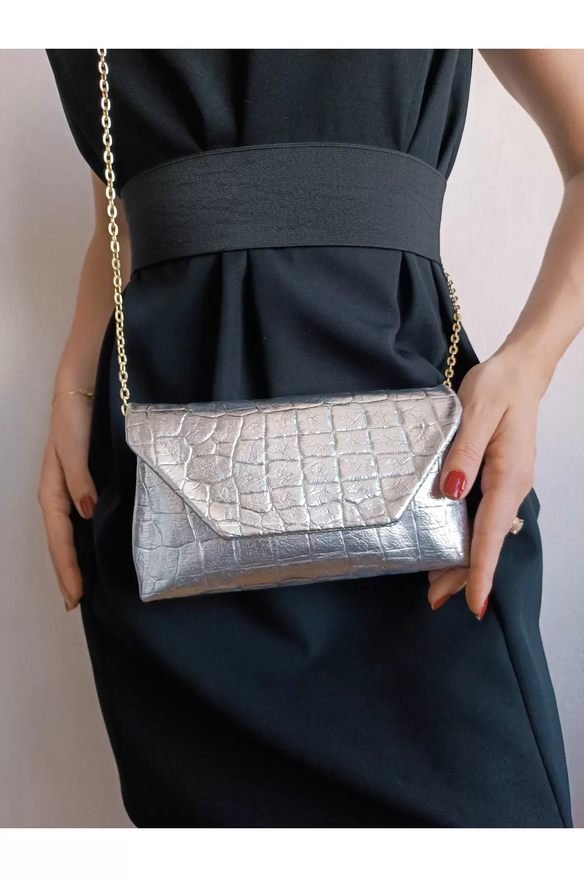 Suffle Silver Croco Pattern Womens Shoulder Bag with Chain Strap