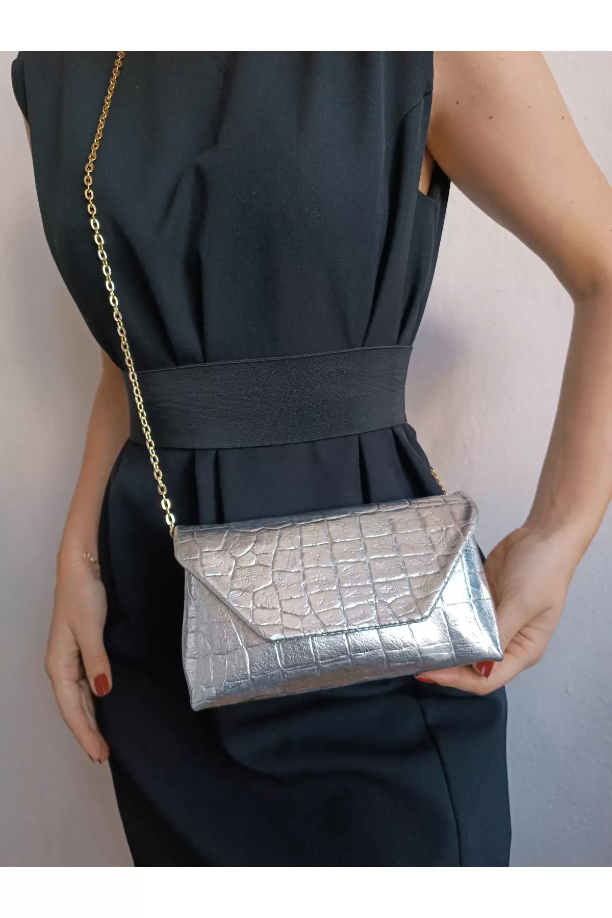 Suffle Silver Croco Pattern Womens Shoulder Bag with Chain Strap