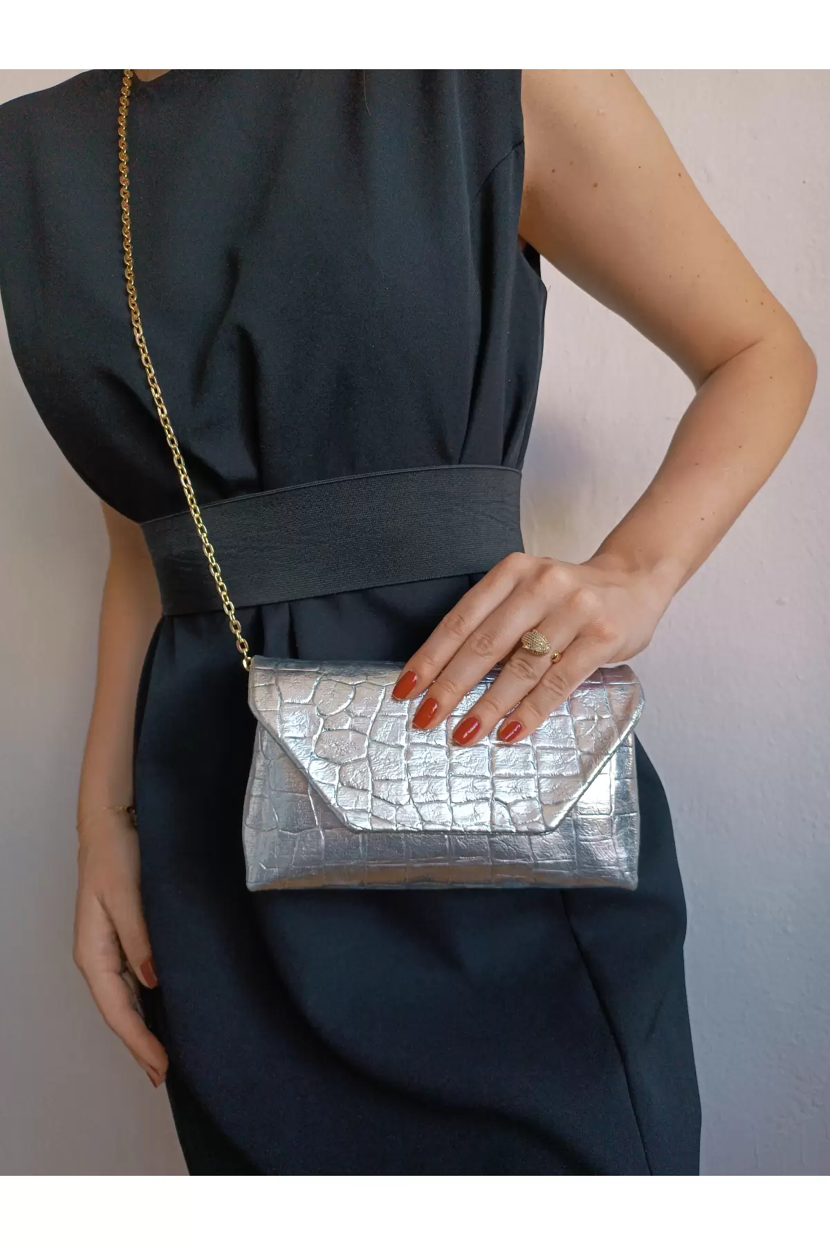 Suffle Silver Croco Pattern Womens Shoulder Bag with Chain Strap