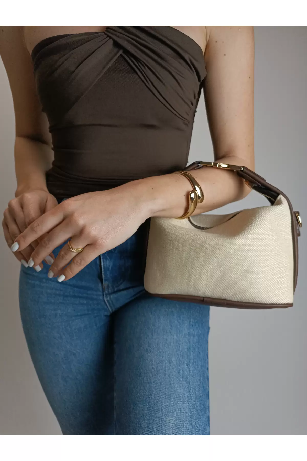 Toile Acı Kahve Detaylı Kanvas Çift Askılı Kadın El Kol Ve Omuz Çantası