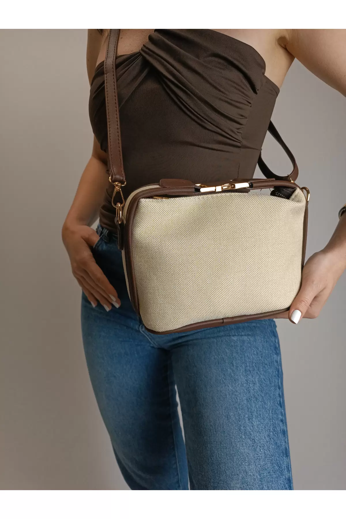 Toile Acı Kahve Detaylı Kanvas Çift Askılı Kadın El Kol Ve Omuz Çantası